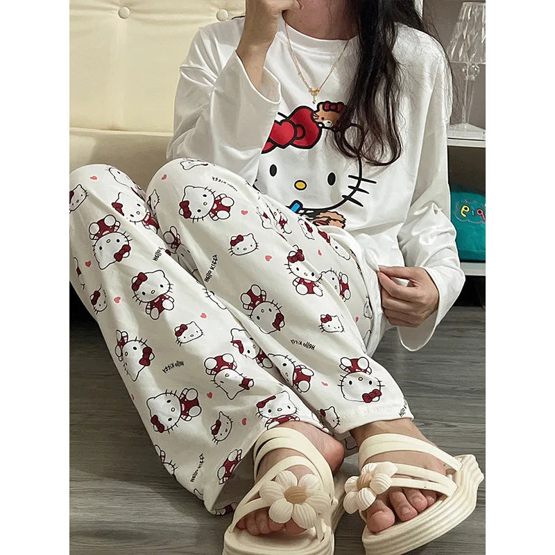 Hello Kitty Women Pajamas Set Cartoon Students Long Sleeved Girls Nightwear