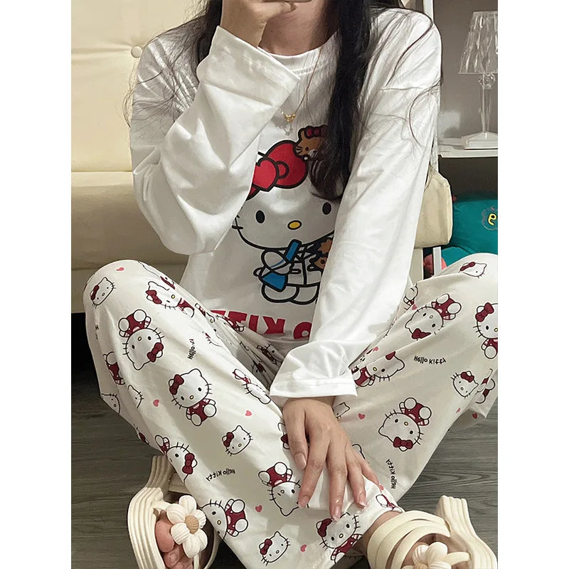 Hello Kitty Women Pajamas Set Cartoon Students Long Sleeved Girls Nightwear