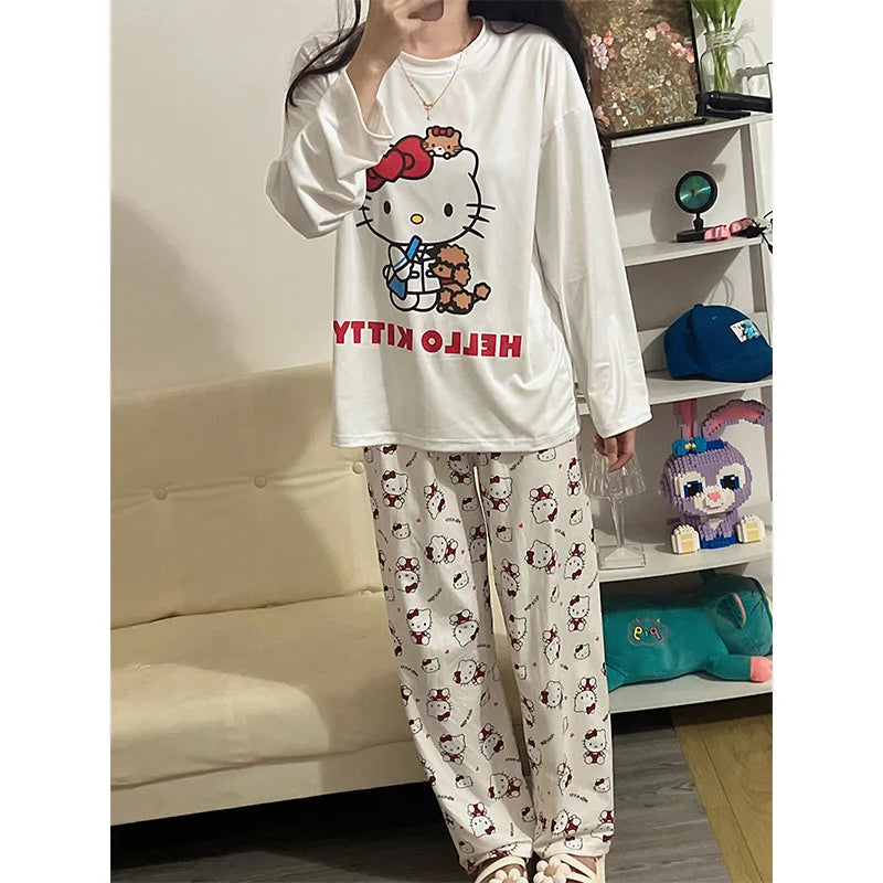 Hello Kitty Women Pajamas Set Cartoon Students Long Sleeved Girls Nightwear