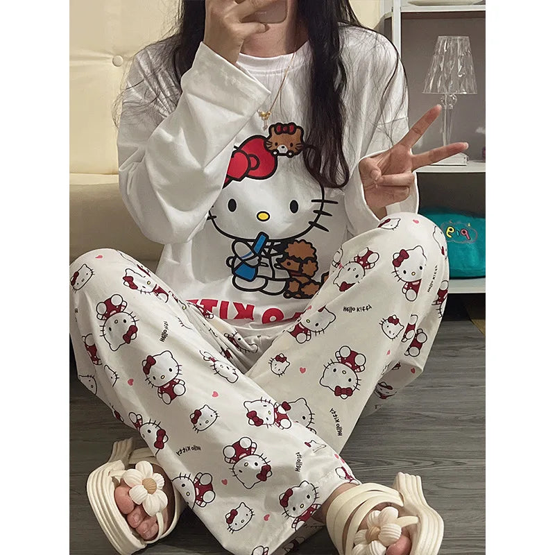 Hello Kitty Women Pajamas Set Cartoon Students Long Sleeved Girls Nightwear