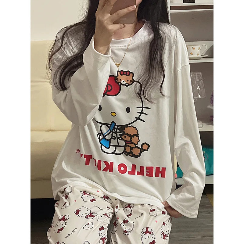 Hello Kitty Women Pajamas Set Cartoon Students Long Sleeved Girls Nightwear